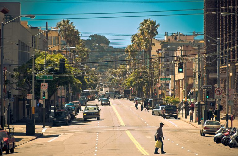 Cars on 14th street in San Francisco, CA