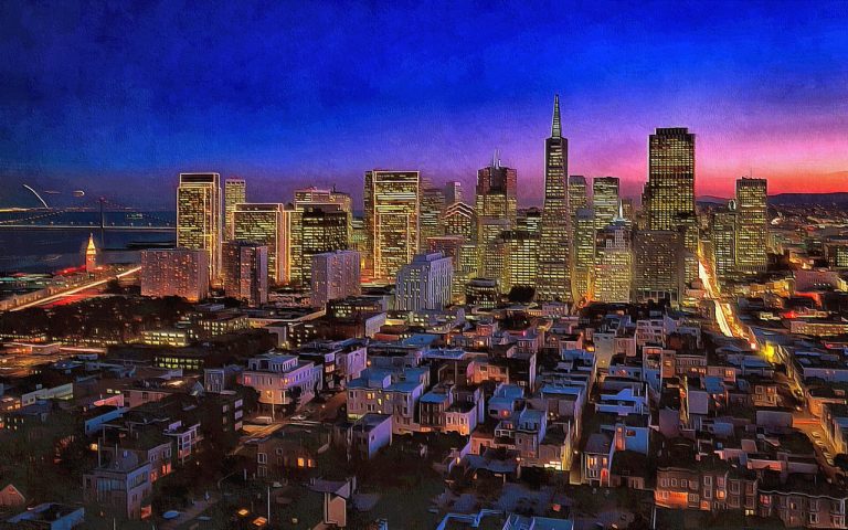 An evening overhead shot of San Francisco, California